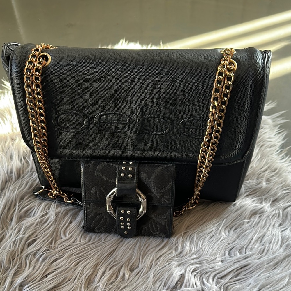 Bebe Black Shoulder Bag with Chain Strap and Flap Closure